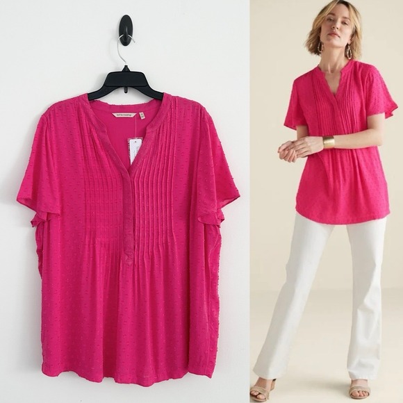 Soft Surroundings Tops - Soft Surroundings Women's 1X Pink Magenta Swiss Dot Pleat Offshore Rayon Top NWT